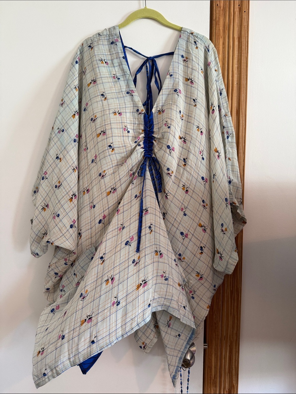 Relaxed Floral Plaid Tunic with Navy Tie-Front